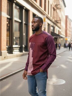 African Men's Long-Sleeve Colorblock Shirt in Burgundy